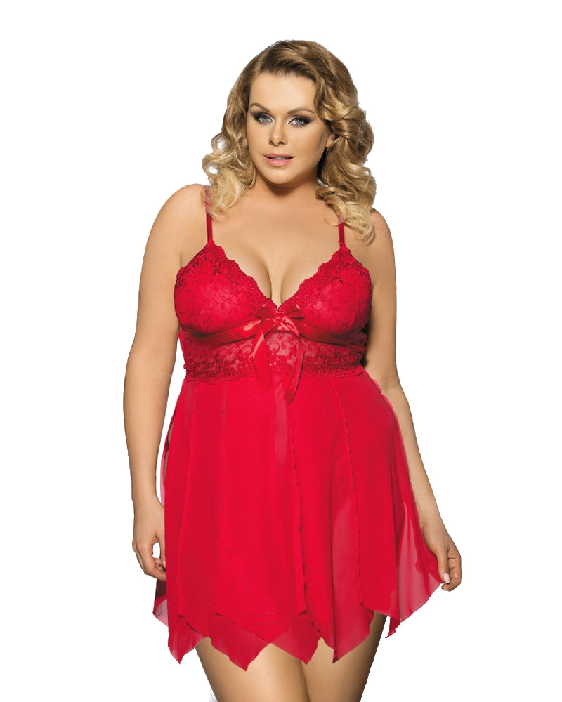 Lau Fashion Sexy Damen Babydoll Spitze Schleifchen Kleid Dessous Rot Reizwäsche L/XL