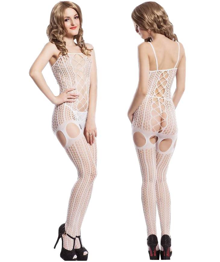 Lau Fashion Damen Ouvert Catsuit Bodystocking Weiss Offen Netz Dessous Gogo Reizwäsche Arsch Einheitsgröße S/M/L