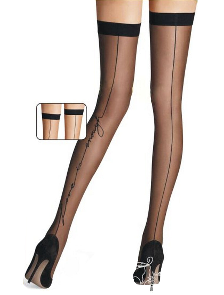 Lau Fashion Sexy Damen Strapse Strümpfe Tattoo Halterlose Overknees Nylon Schwarz S/M