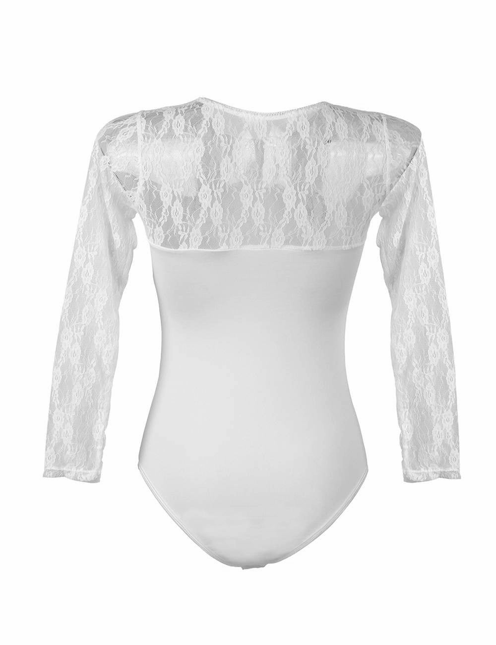 Damen Unterwäsche Body Schwarz Weiß mit Spitze Transparent Rundhals Langarm S/XL - R80372