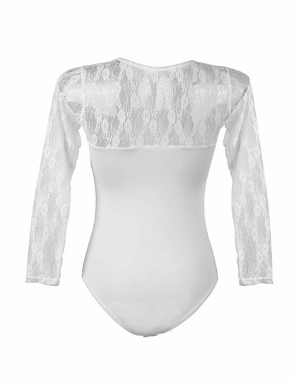 Damen Unterwäsche Body Schwarz Weiß mit Spitze Transparent Rundhals Langarm S/XL - R80372