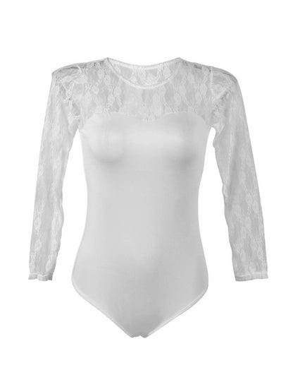 Damen Unterwäsche Body Schwarz Weiß mit Spitze Transparent Rundhals Langarm S/XL - R80372