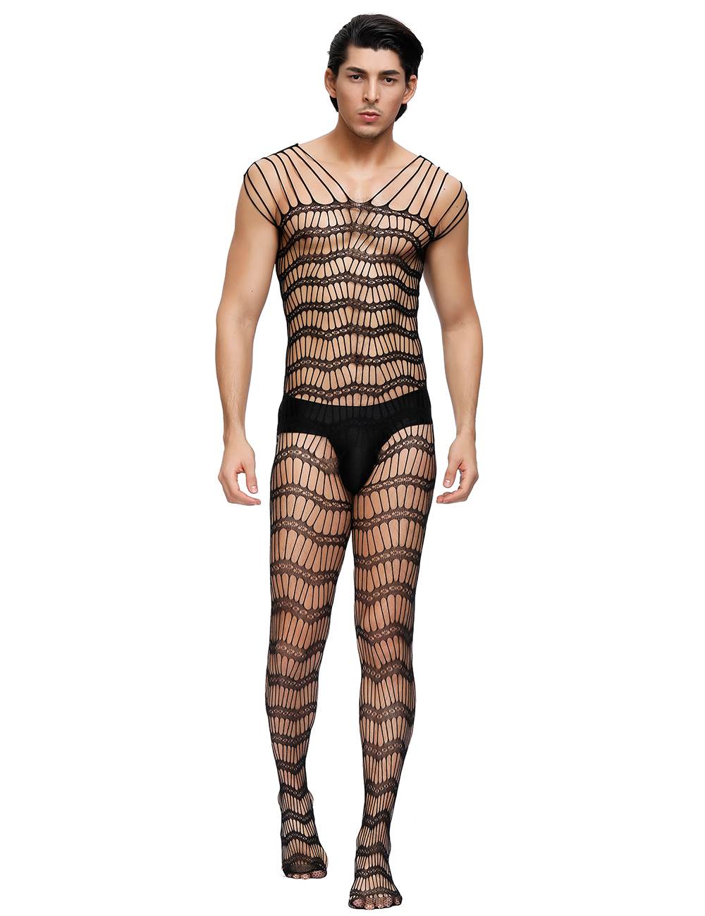 Lau Fashion Herren Bodystocking Netz Catsuit Bänder Transparent Dessous Schwarz Nylon S/M/L