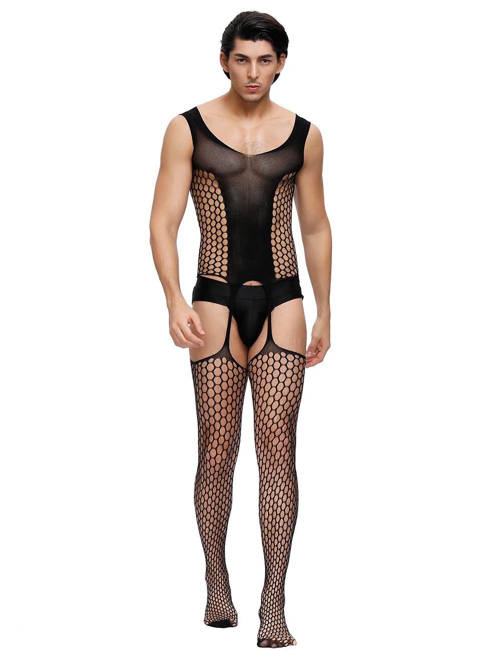 Lau Fashion Herren Loch Strapse Catsuit Transparenz Reizwäsche Body Stocking Nylon S/M/L