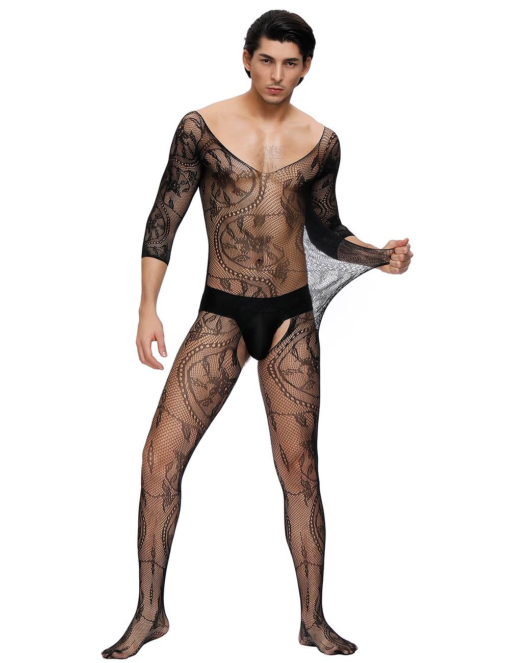 Lau Fashion Herren Spitze Catsuit Strapse Transparenz V-Ausschnitt Body Stocking Nylon S/M/L