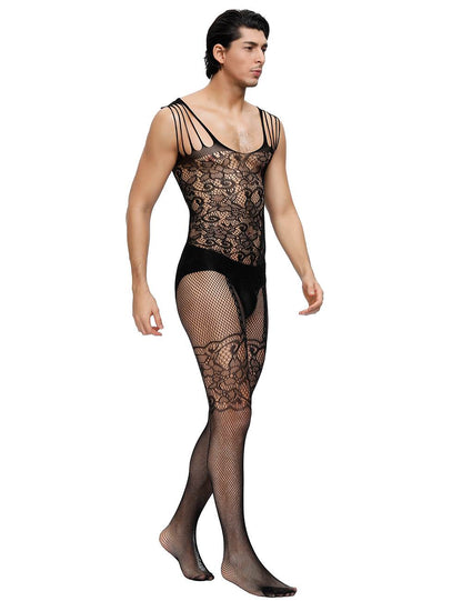 Bodystocking Herren Catsuit Spitze Transparenz Reizwäsche Strapse Träger S/M/L