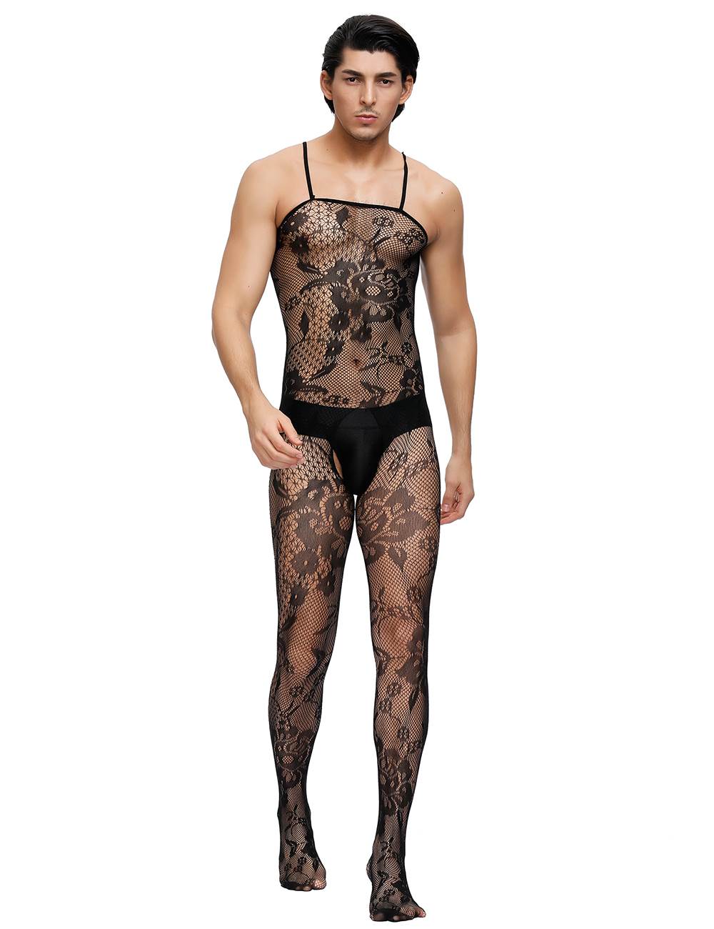 Lau Fashion Männer Catsuit Body Stocking Spitze Transparenz Reizwäsche Schwarz Träger S/M/L