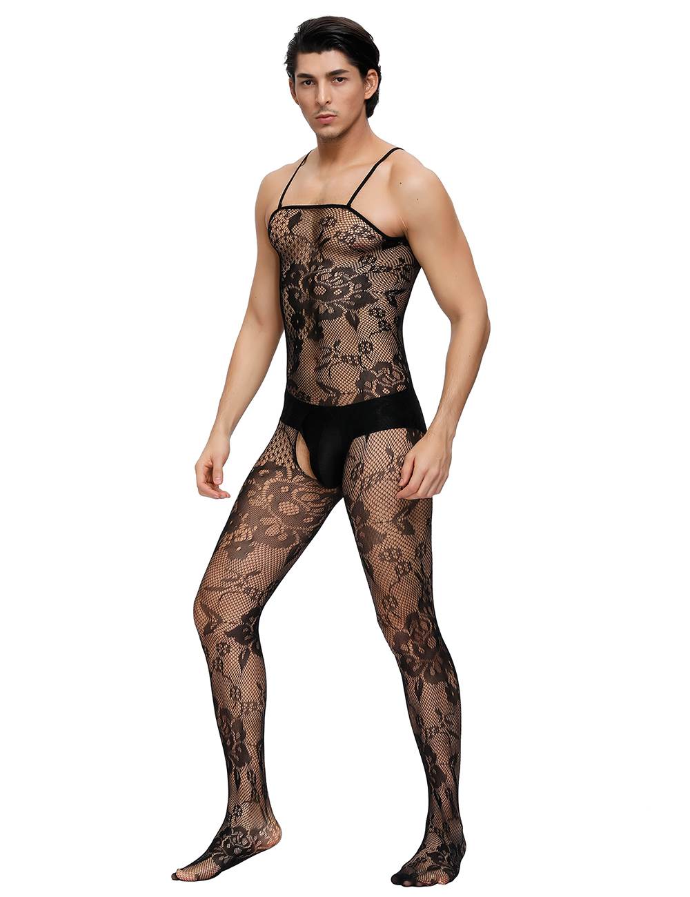 Männer Catsuit Body Stocking Spitze Transparenz Reizwäsche Schwarz Träger S/M/L