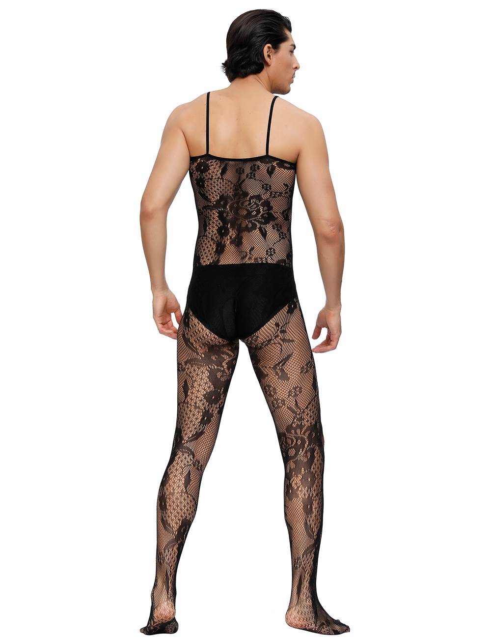 Männer Catsuit Body Stocking Spitze Transparenz Reizwäsche Schwarz Träger S/M/L