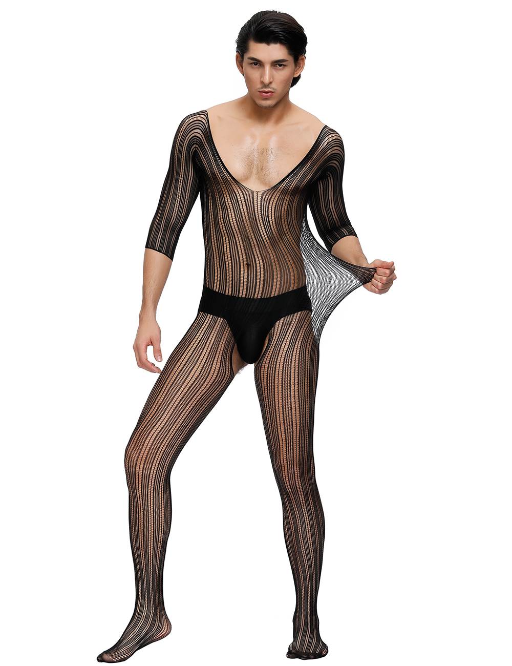 Lau Fashion Catsuit Herren Body Stocking Nadelstreifen Transparent Dessous Schwarz Nylon S/M/L