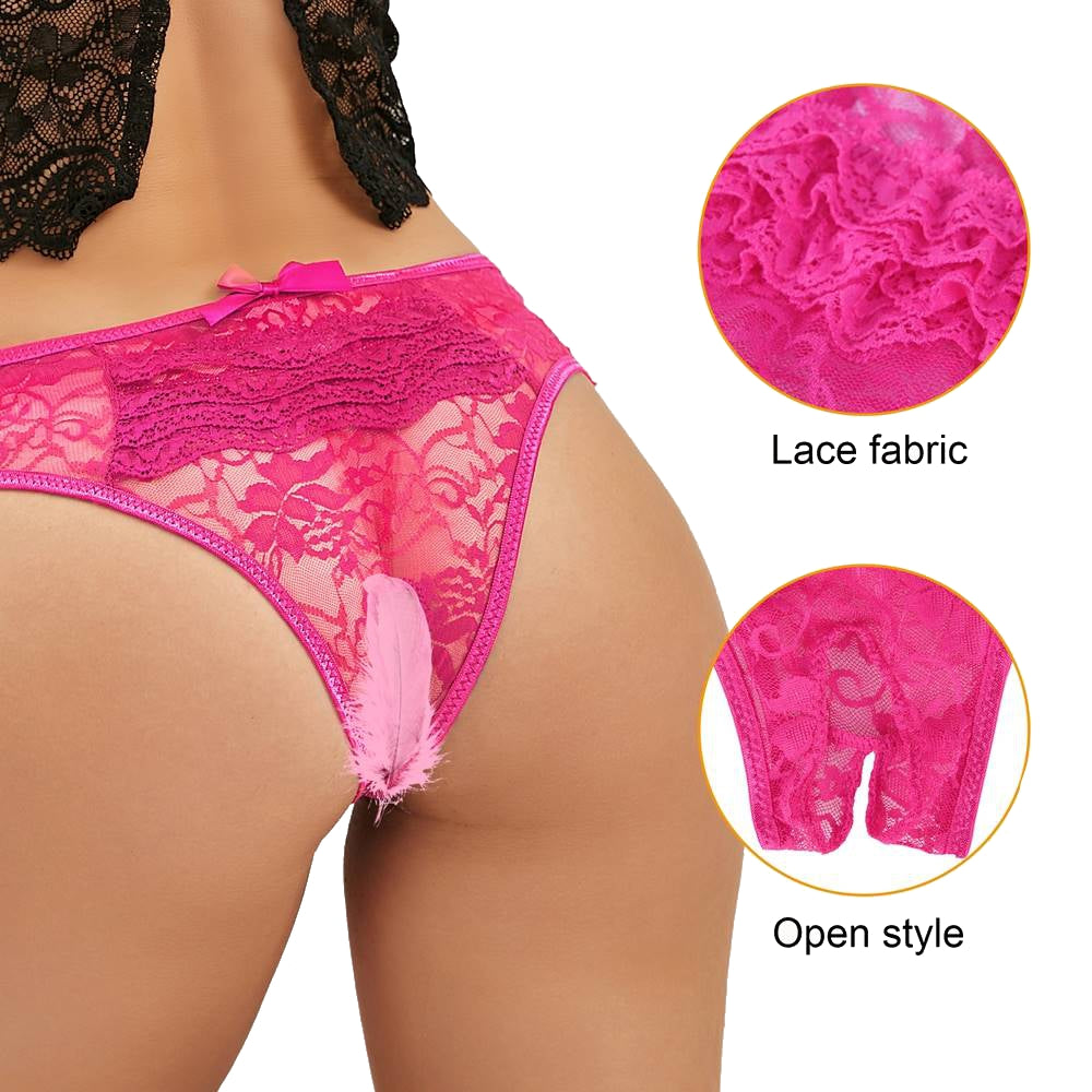 Lau Fashion Sexy Slip Damen Spitze Pink Blumen Offen Intim Panty Dessous Transparent S/XL