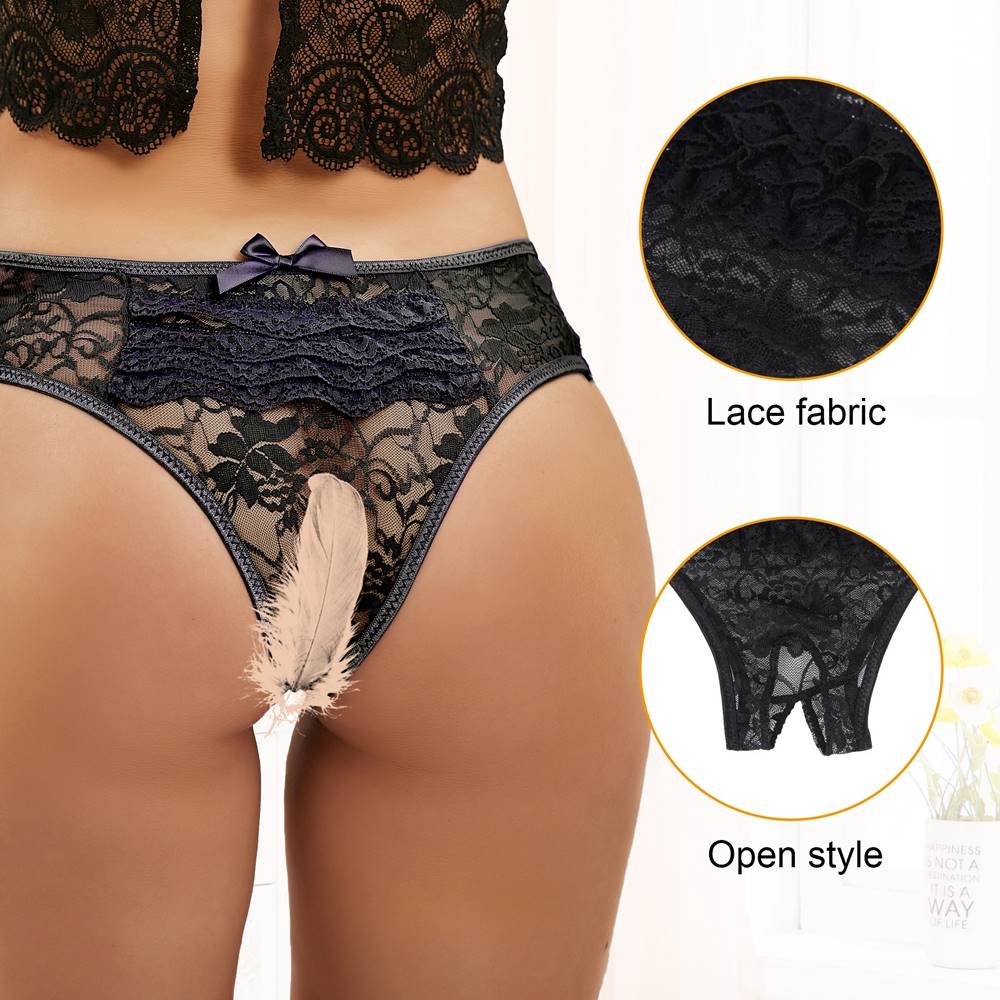 Lau Fashion Sexy Damen Spitze Slip Schwarz Blumen Offen Intim Panty Dessous Transparent S/XL