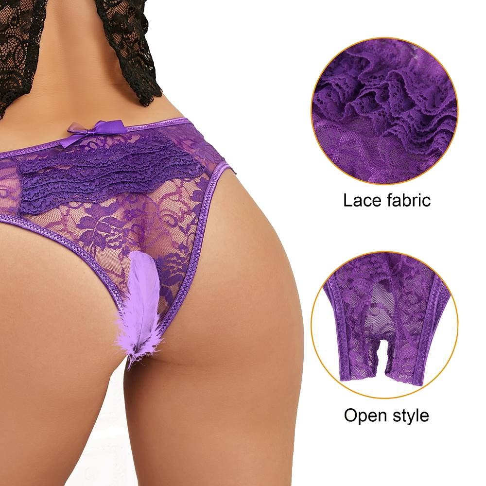 Lau Fashion Sexy Spitze Blumen Slip Transparent Lila Offen Intim Panty Dessous S/XL