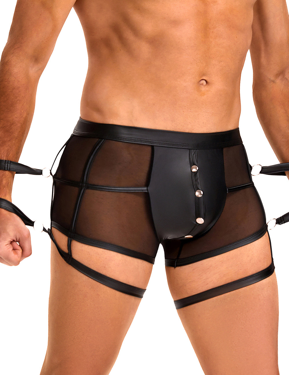 Sexy Herren Wetlook Boxershort Harness Lack Leder Band O-Ring Gürtel M/L - MP278