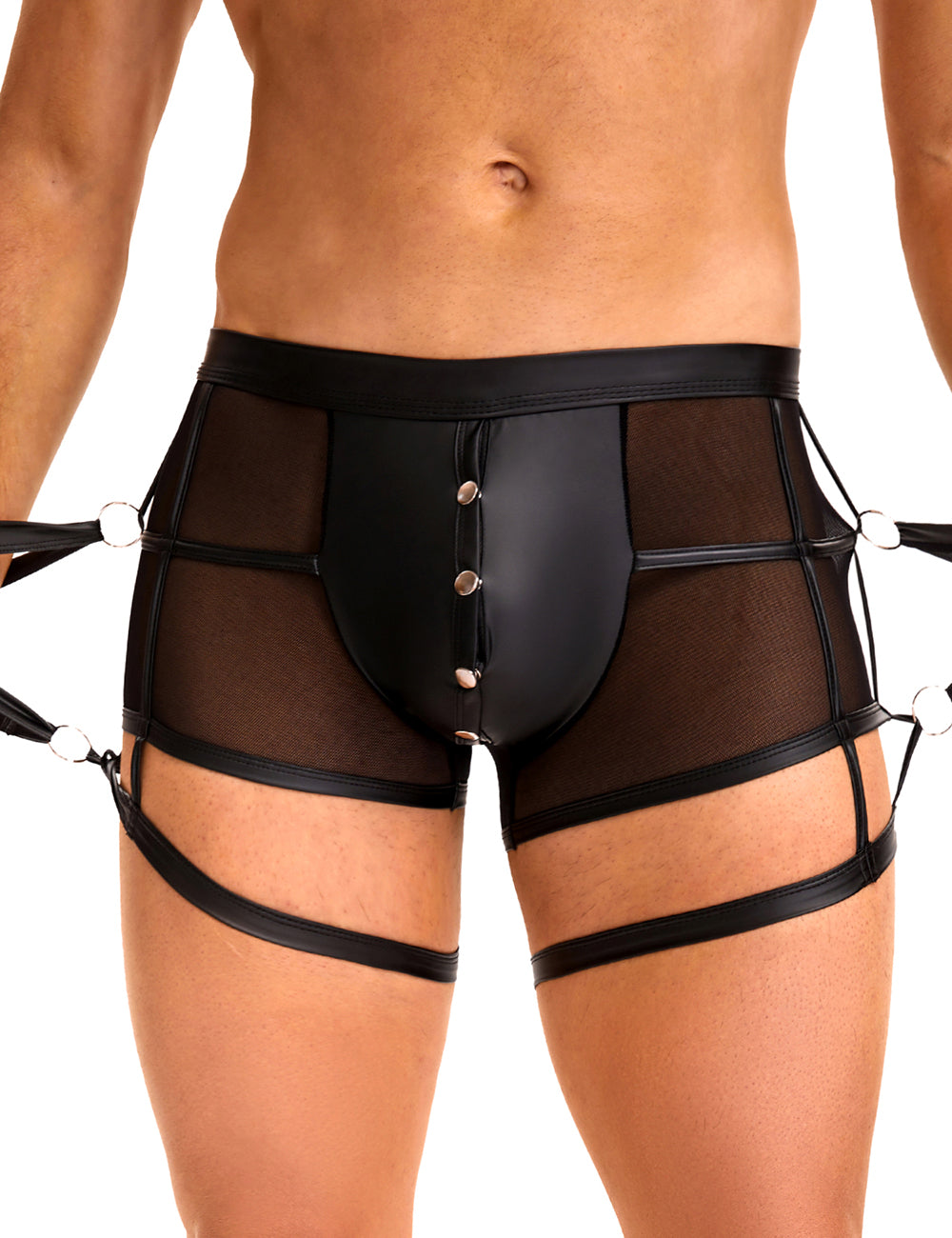 Sexy Herren Wetlook Boxershort Harness Lack Leder Band O-Ring Gürtel M/L - MP278