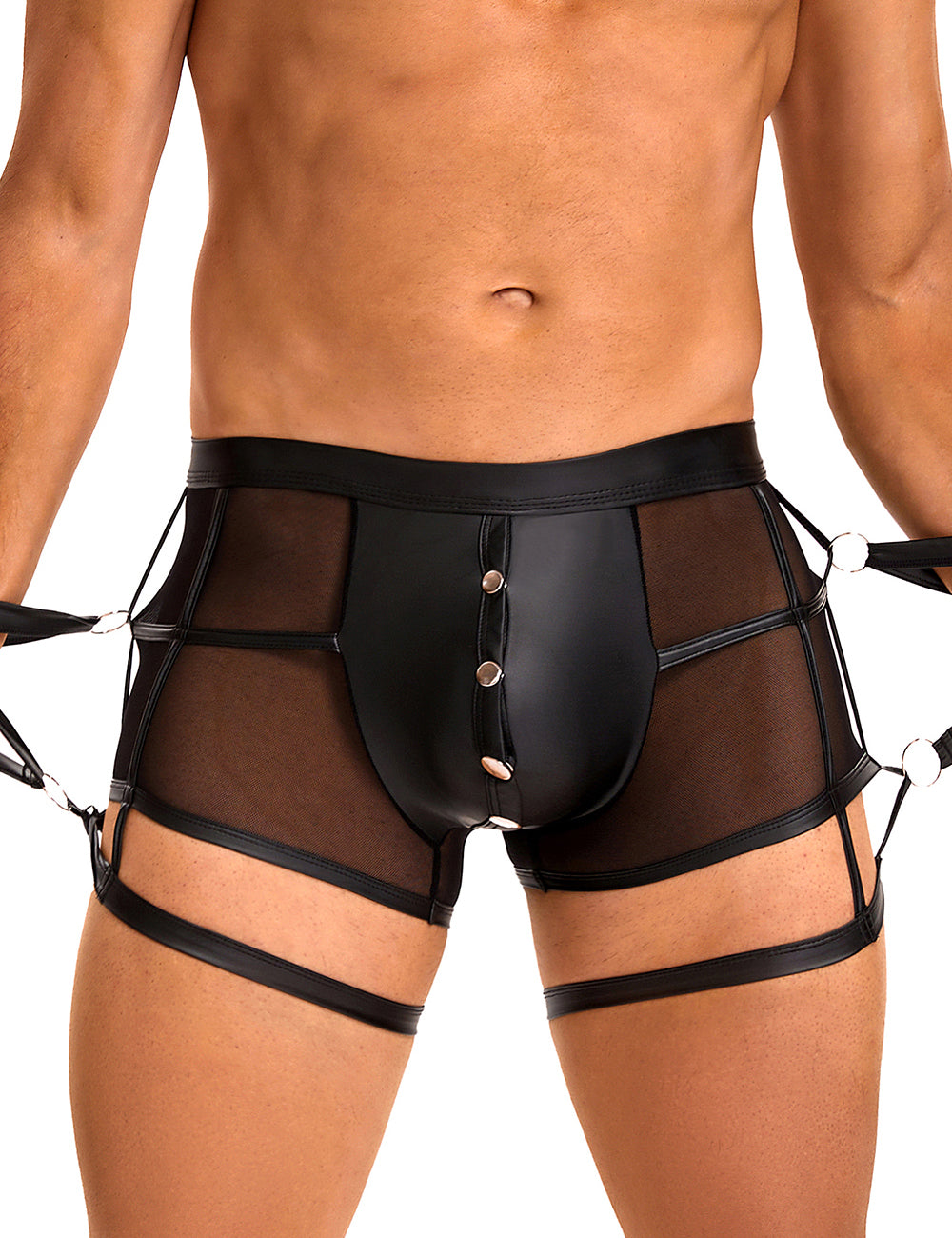 Sexy Herren Wetlook Boxershort Harness Lack Leder Band O-Ring Gürtel M/L - MP278