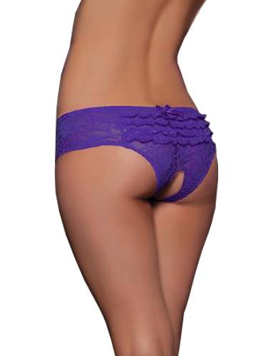 Lau Fashion Damen Spitze Blumen Lila Arsch Offen Ouvert Slip Tanga Panty Dessous Größe S/M