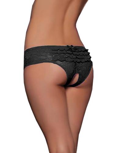 Lau Fashion Damen Spitze Schwarz Blumen Hintern Offen Ouvert Slip Tanga Panty Dessous String Größe S/M