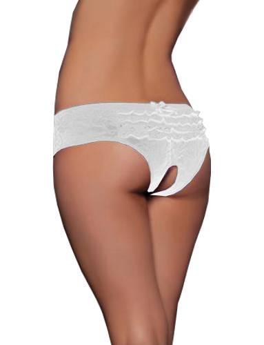 Lau Fashion Damen Spitze Blumen Weiss Popo Offen Ouvert Slip Tanga Panty Dessous Größe S/M