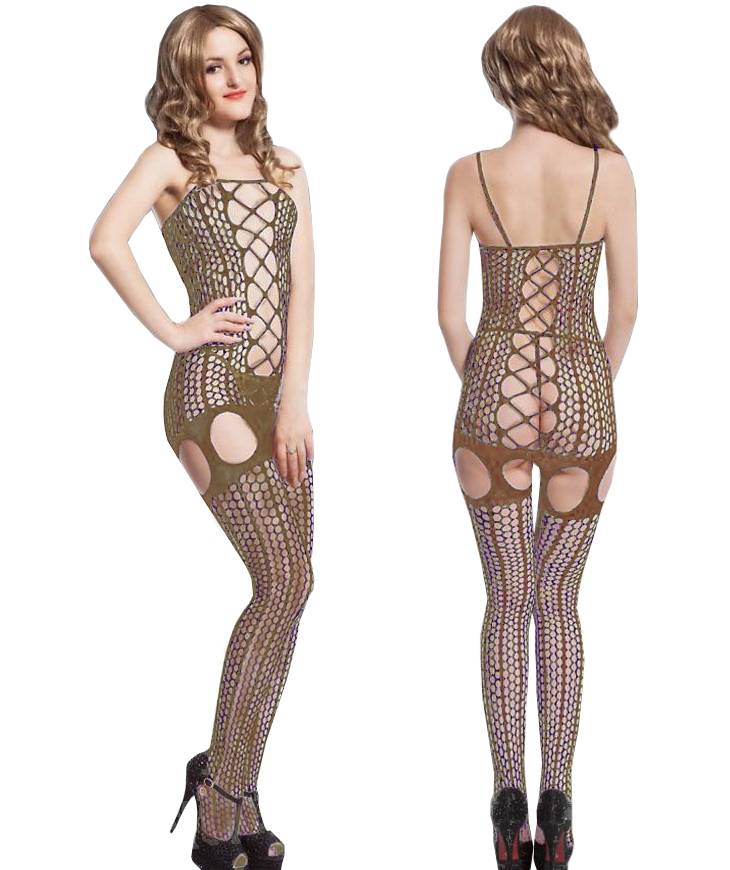 Damen Ouvert Catsuit Bodystocking Beige Offen Netz Dessous Gogo Reizwäsche Arsch Größe S/M/L