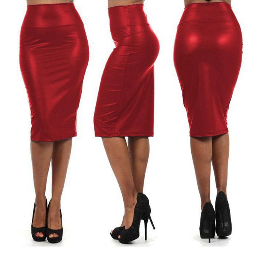 Lau Fashion Damen Wetlook Rock Lack Leder Rot Dessous Business Bleistiftrock C-String Gogo Größe M/L