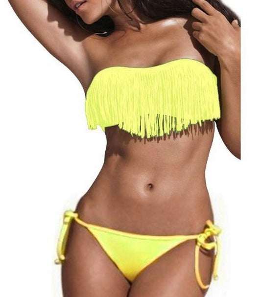 Damen Bandeau Push Up Neckholder Bikini Set Neon Gelb Cup Badeanzug Strand Größe S/M