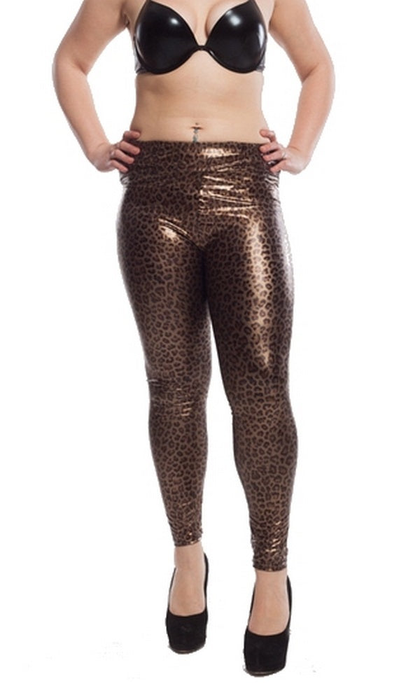 Lau Fashion Leoparden Wetlook Stretch Leggings Glanz Lack Leder Jeggings Hose Treggings L/XL