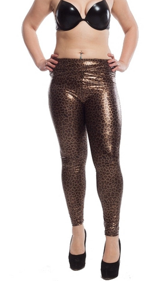 Lau Fashion Leopard Damen Leggings Wetlook Stretch Hose Lack Leder Jeggings S/M