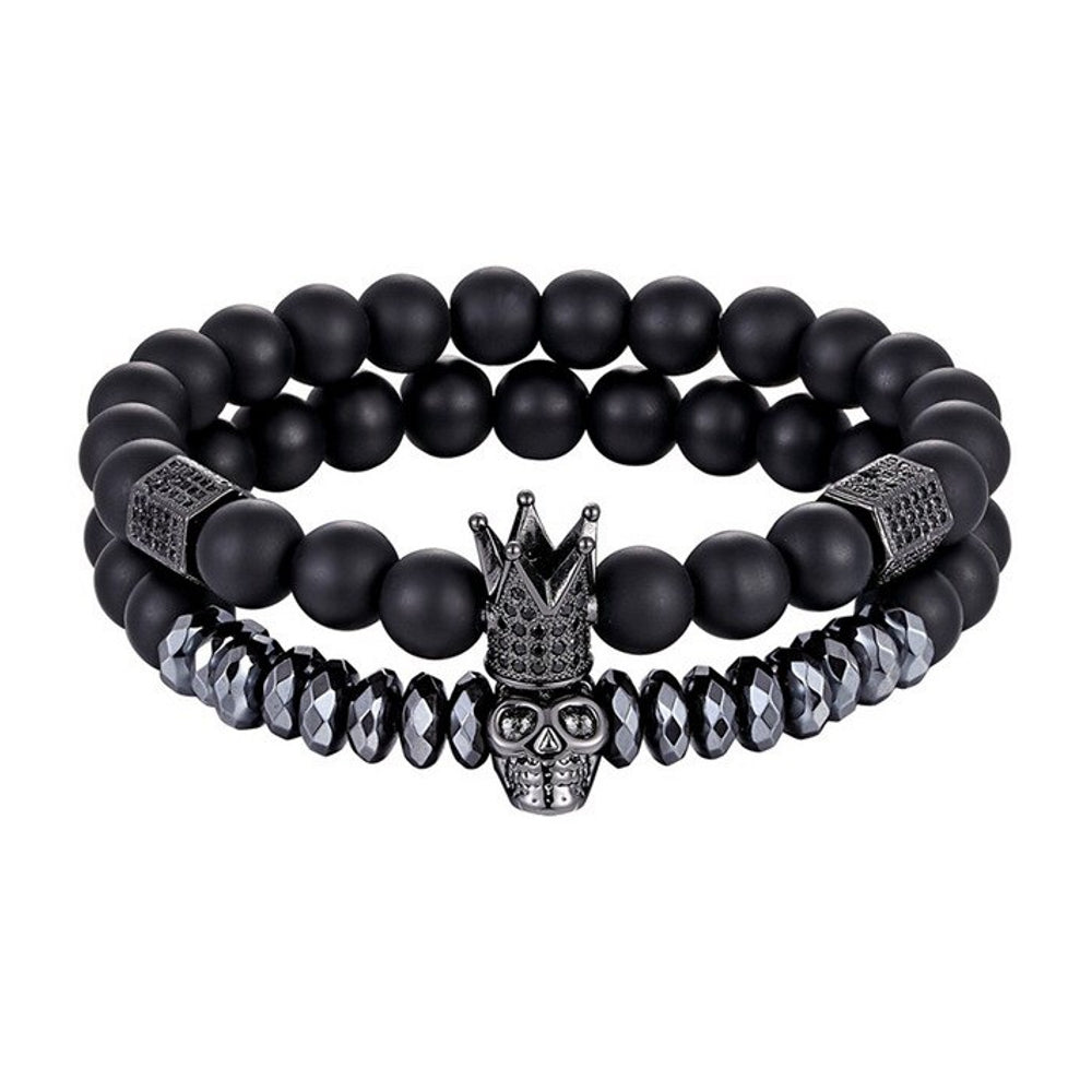 Lau Fashion Armband Totenkopf Schädel Krone Matt Schwarz Unisex Kugeln 8cm