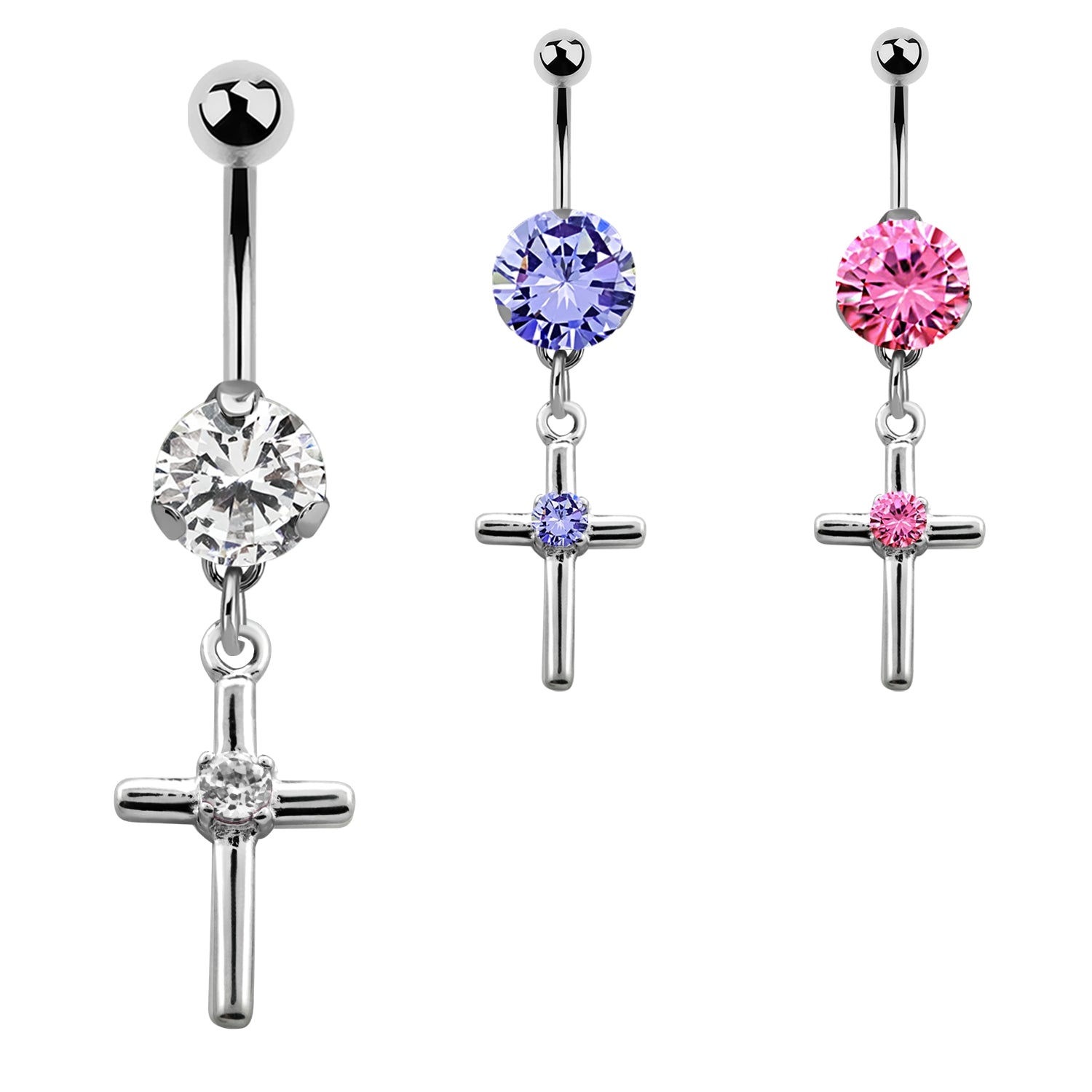 Lau Fashion Bauchnabel Piercing Zirkonia Kreuz Silber Kristalle Stab 1,6x10mm Stein Ø 8mm