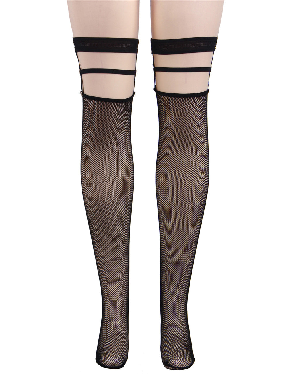 Damen Netz Strapse Strümpfe Halterlose Overknees mit Nieten Nylon Schwarz S/M