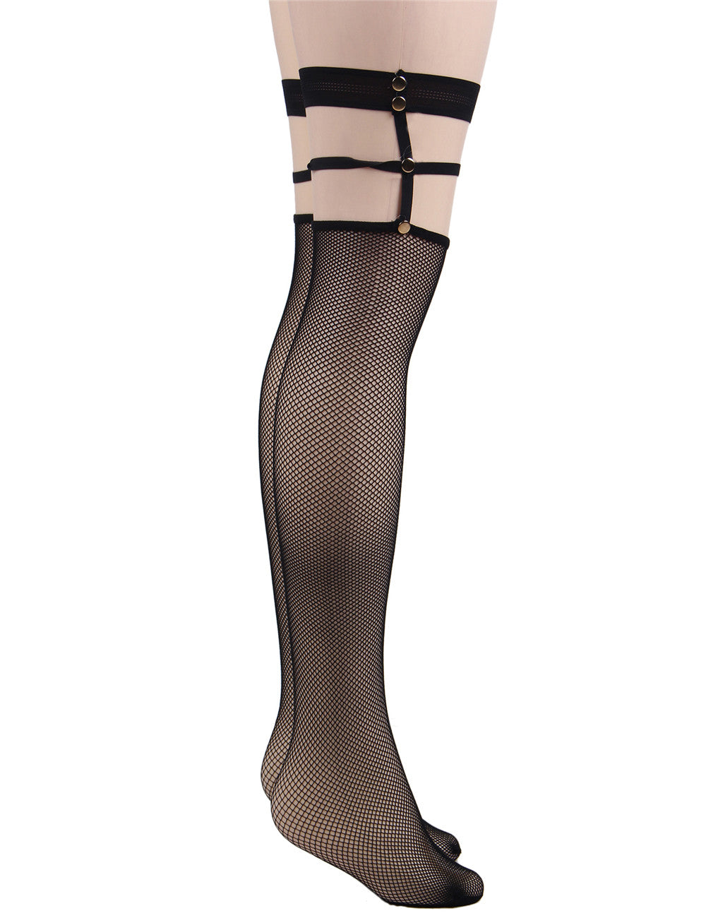 Damen Netz Strapse Strümpfe Halterlose Overknees mit Nieten Nylon Schwarz S/M