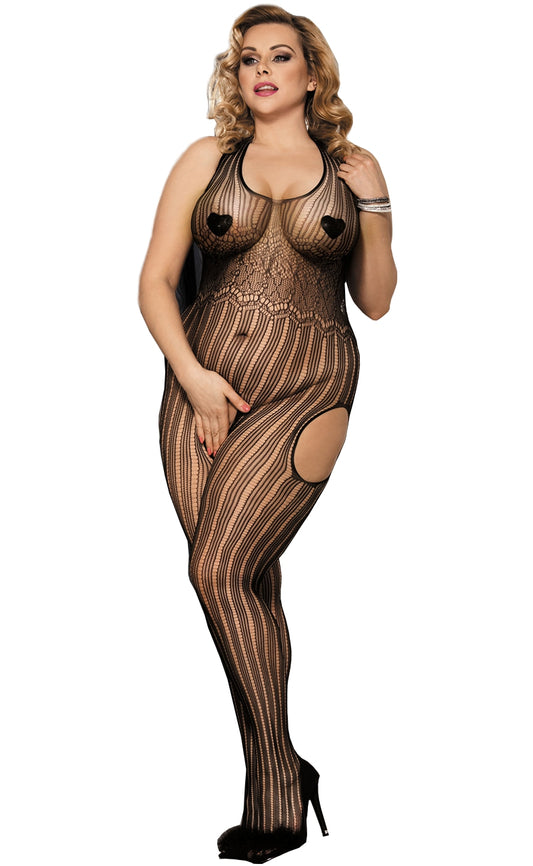 Damen Overall Catsuit Schwarz Bodystocking Dessous Fischnetz Offen Nylon