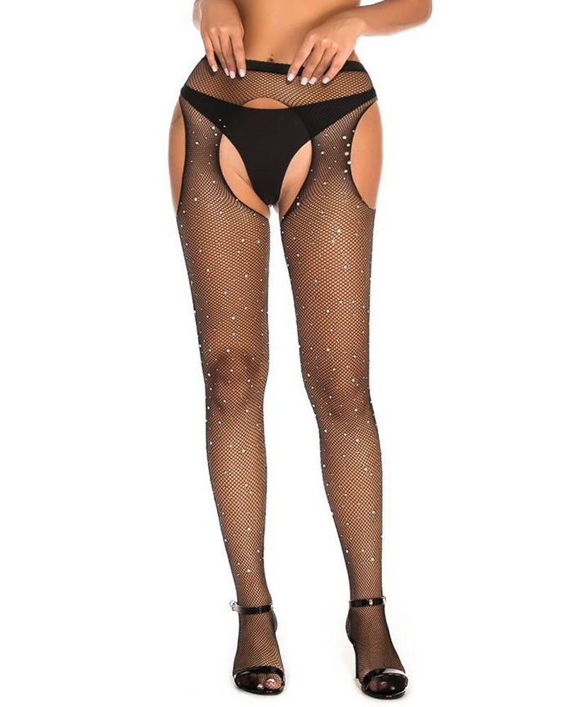 Lau Fashion Sexy Strapse Halter Strass Strümpfe Fishnet Strumpfhose Schritt Offen Gogo Schwarz S/M/L/XL - H3477