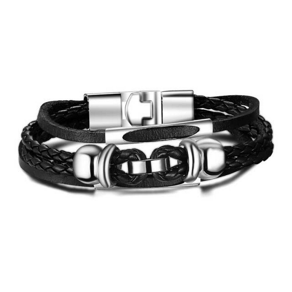 Lau Fashion Herren Echt Leder Armband Ringe Schwarz Silber Surfer Syle Schmuck 22cm