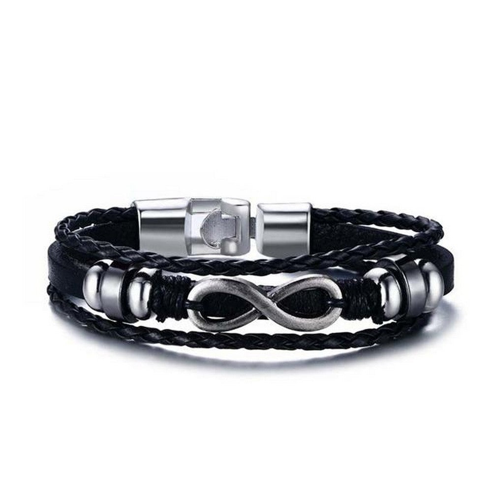 Lau Fashion Unisex Echt Leder Armband Infinity Schwarz Surfer Syle Schmuck 20cm