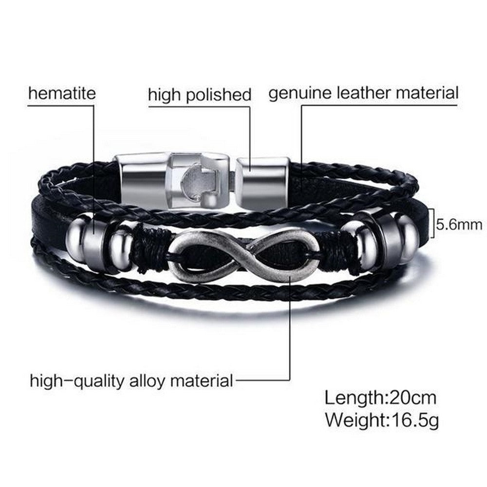 Unisex Echt Leder Armband Infinity Schwarz Surfer Syle Schmuck 20cm