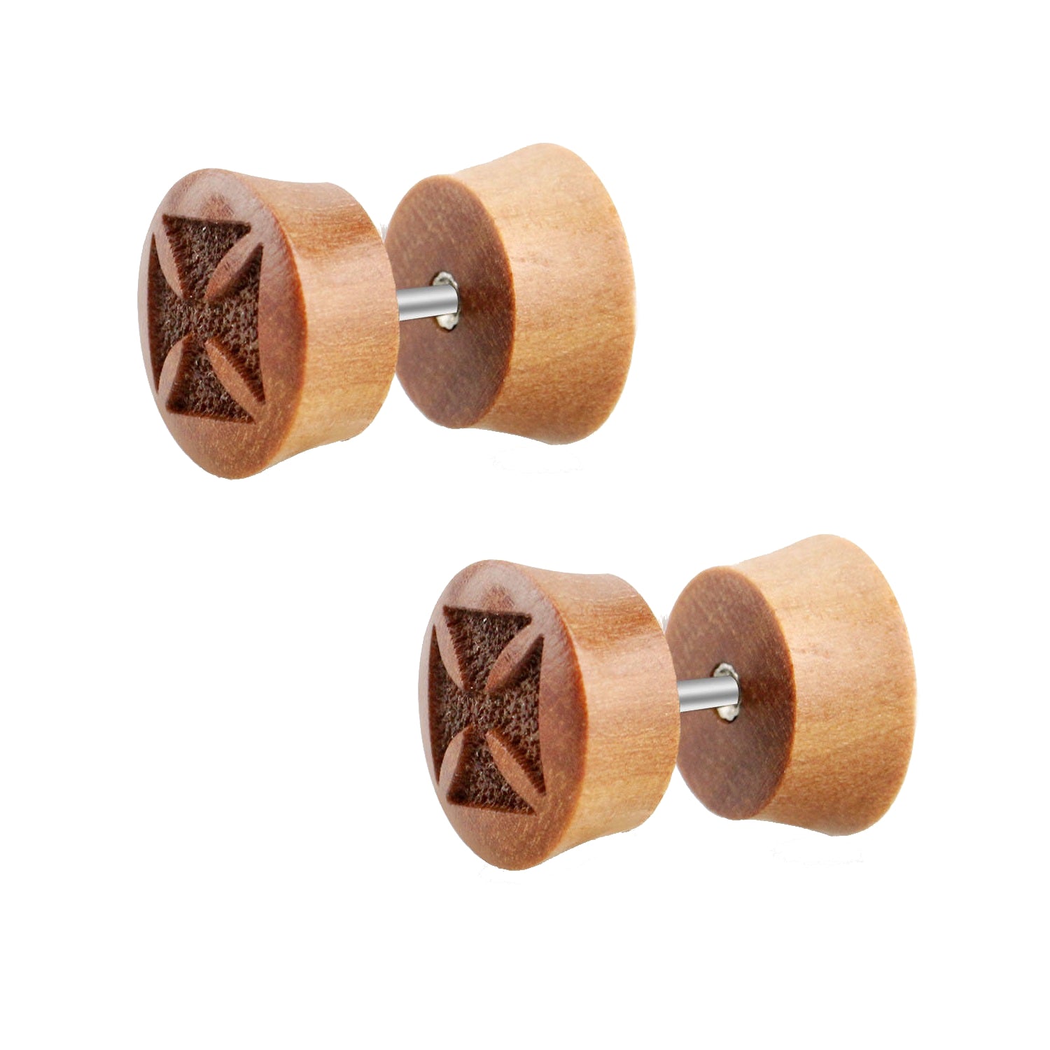 Lau Fashion 2 Stück Eisernes Kreuz Holz Fake Plug Ohrstecker Laser Braun Ohrring Tunnel Ø 10mm