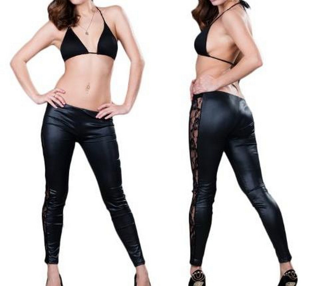 Lau Fashion Sexy Spitzen Netz Leggings Wetlook Schwarz Jeggings Hose Lack Leder S/M