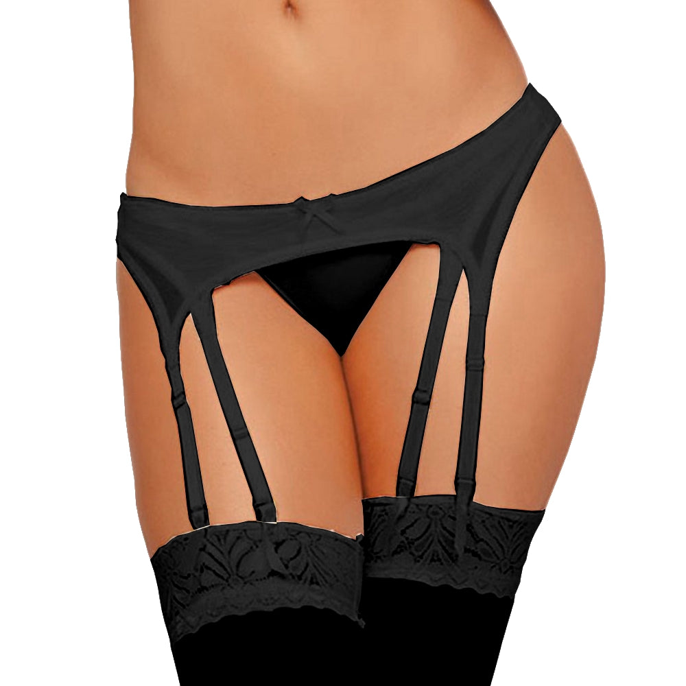 Lau Fashion Damen Strapshalter Strumpfgürtel Dessous Schwarz Panty mit String Gogo S/XL