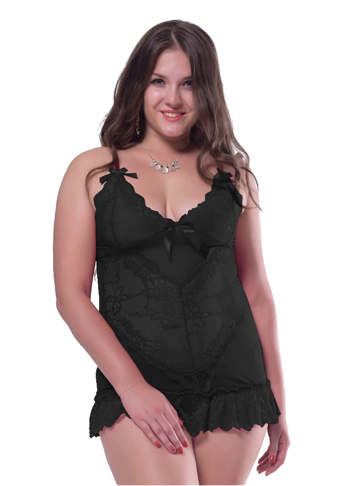 Lau Fashion Damen Reizwäsche Träger Dessous Schwarz Spitze Babydoll Schleifchen + Tanga L/XL