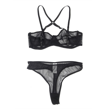 NEU Transparent Netz Mesh Dessous Set Harness mit Bügel Strumpfband S/XL - R81183