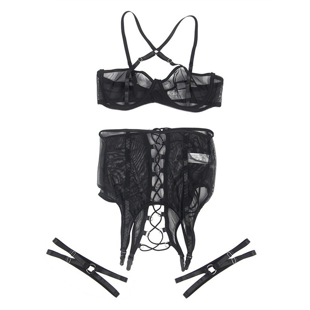 NEU Transparent Netz Mesh Dessous Set Harness mit Bügel Strumpfband S/XL - R81183