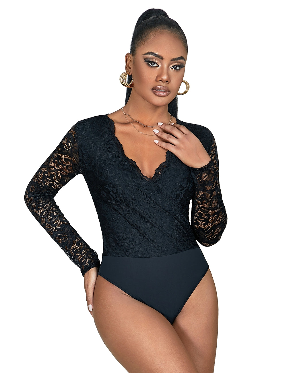 Lau Fashion Damen Spitze Body Langarm Bodysuits Schwarz Unterwäsche Blumen Dessous Reizwäsche S/XL