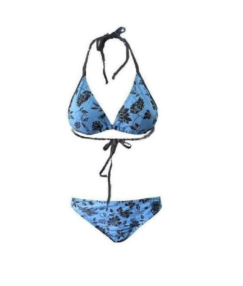 Lau Fashion Damen Neckholder Bikini Set Badeanzug Sexy Blau Blumen Strand Monokini Größe L