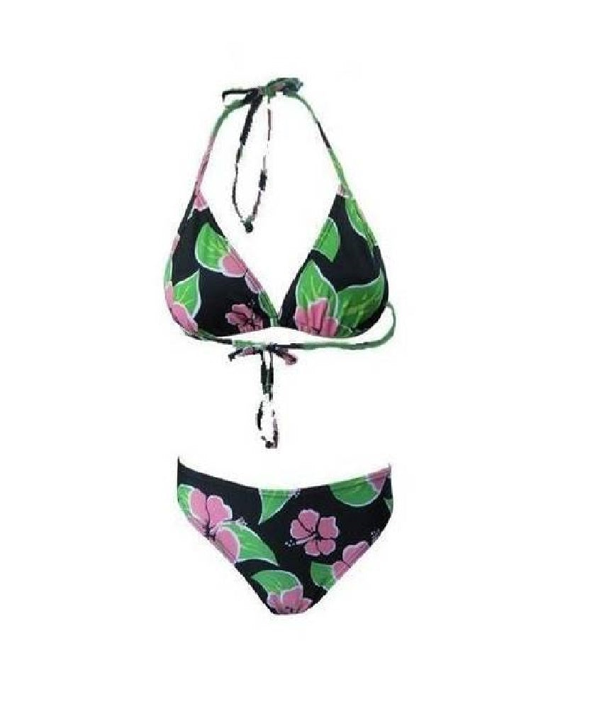 Lau Fashion Sexy Damen Neckholder Bikini Set Badeanzug Schwarz Grün Blumen Strand Monokini Größe M