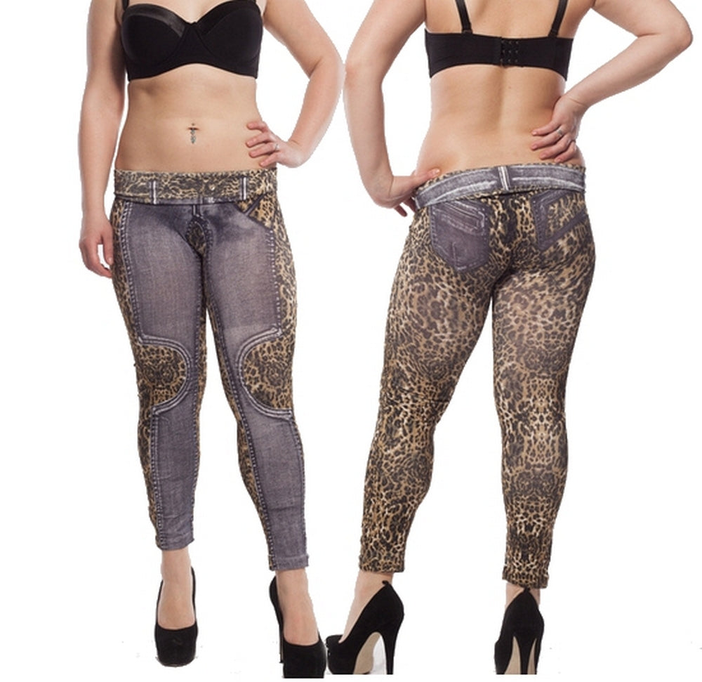 Lau Fashion Leoparden Stretch Leggings Umstandshose Leo Grau Treggings Jeggings Jeans L/XL