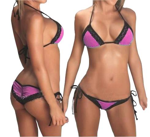 Damen Neckholder Bikini Set Schwarz Pink Spitze Strand Badeanzug Einheitsgröße S/M/L