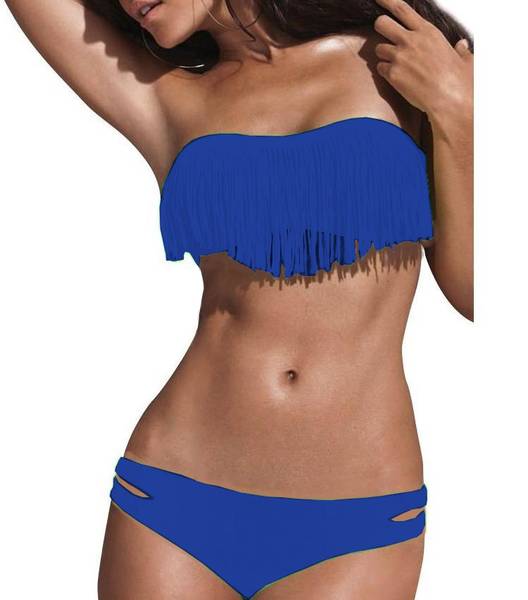 Damen Marine Blau Push Up Neckholder Bikini Set Cup Fransen Bandeau Badeanzug Strand Beach Größe M/L