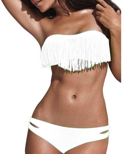 Damen Weiss Push Up Fransen Neckholder Bikini Set Cup Bandeau Badeanzug Strand Größe S/M